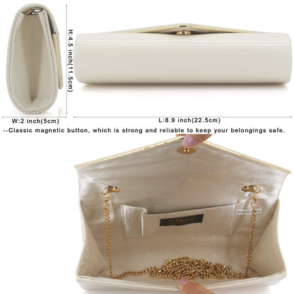 Dexmay Envelope Clutch Purse for Women Shiny Patent Leather Foldover Evening Bag Formal Handbag Ivory
