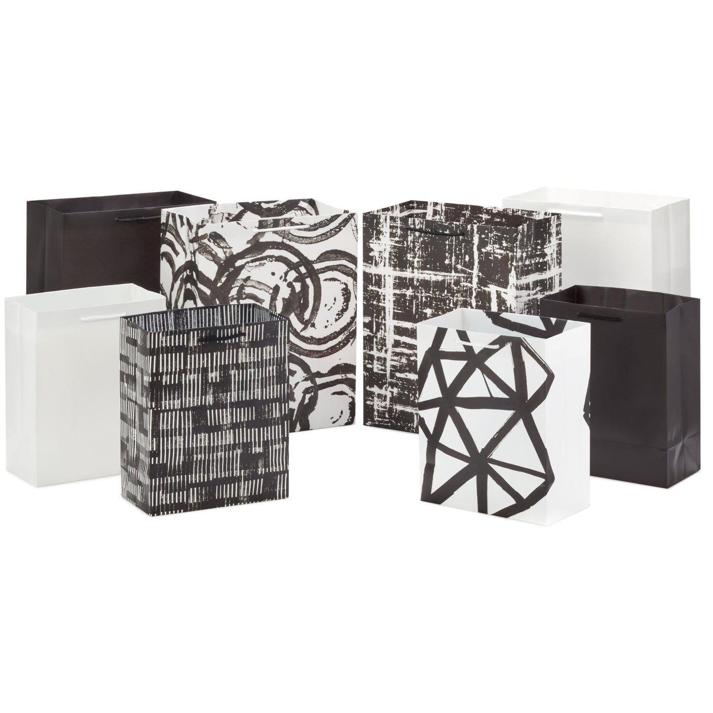 Hallmark Assorted Black and White Gift Bags (8 Bags: 4 Medium 9", 4 Large 13") for Valentine's Day, Weddings, Graduations, Retirements, Halloween