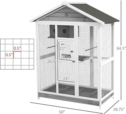 PawHut 64.5" Wooden Bird Cage Aviary, Flight Cage with 4 Perches, Nest and Slide-Out Tray for Indoor/Outdoor, Gray