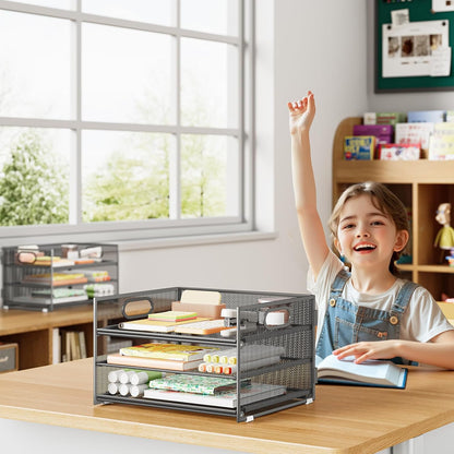 Subekyu 2-Pack 3-Tier Gray Metal Mesh Desk Paper Letter Tray & File Sorter Organizer with Handle + 1 Sliding Tray for Desk, Home, Office, School Supplies, A4 Paper and Accessories Storage