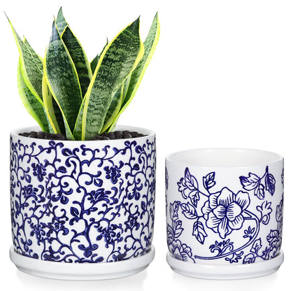 Set of 2 Blue and White Ceramic Plant Pots with Drainage Hole and Saucers, Retro Blue Porcelain Flowers Round Planters for Succulent Cactus Indoor Outdoor Garden Home Desktop Decor, 4.5+5.5 Inch