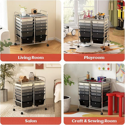 LDAILY 12 Drawer Rolling Storage Cart, Craft Cart Organizer on Wheels w/Metal Frame, Large Capacity & Smooth Drawer, Rolling Cart w/Drawers for Classroom, Office
