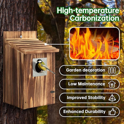 Bird Houses for Outside with Metal Predator Guard for Bluebird Wren Swallow Finch, Carbonized Wooden Nesting Boxes for Outdoor, Sturdy Bird House,Easy to Clean