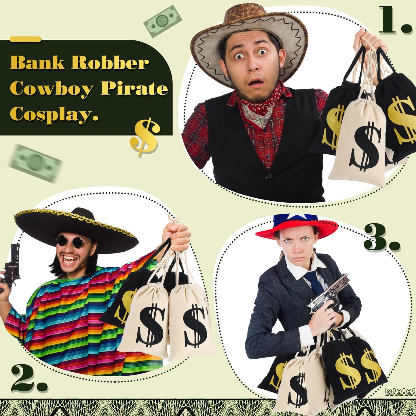 Shihanee 24 Pcs 9 x 6.3 Inch Canvas Money Bag with Drawstring Closure Costume Money Bag Pouch Dollar Sign Carrying Sack Prop for Party favor Bank Robber Pirate Cowboy Cosplay Theme Party (Beige,Black)