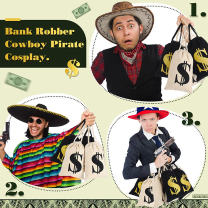 Shihanee 24 Pcs 9 x 6.3 Inch Canvas Money Bag with Drawstring Closure Costume Money Bag Pouch Dollar Sign Carrying Sack Prop for Party favor Bank Robber Pirate Cowboy Cosplay Theme Party (Beige,Black)