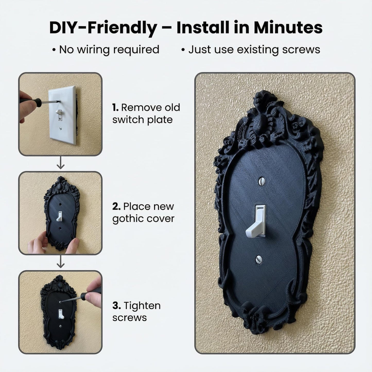 Gothic Decorative Light Switch Cover Plate, Black Ornate Baroque Design with Crown Detail and Scrollwork, Matte Finish (Black13)