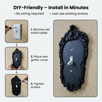 Gothic Decorative Light Switch Cover Plate, Black Ornate Baroque Design with Crown Detail and Scrollwork, Matte Finish (Black13)