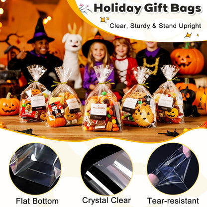 PigPotParty Cellophane Treat Bags 6x9 Inch, 100 Pack Clear Goodie Bags with Bottom Gusset for Stand-Up Display, Small Plastic Gift Wrap for Cookies, Candy, Party Favors, Popcorn, Includes 100 Ties
