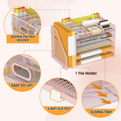 OrgMate 5 Tier Paper Letter Tray with File Holder and 3 Drop-in Pen Holders, Mesh Desk File Organizer with Handle, Desk Organizers and Accessories for School,Home, Office Supplies Storage-Pink