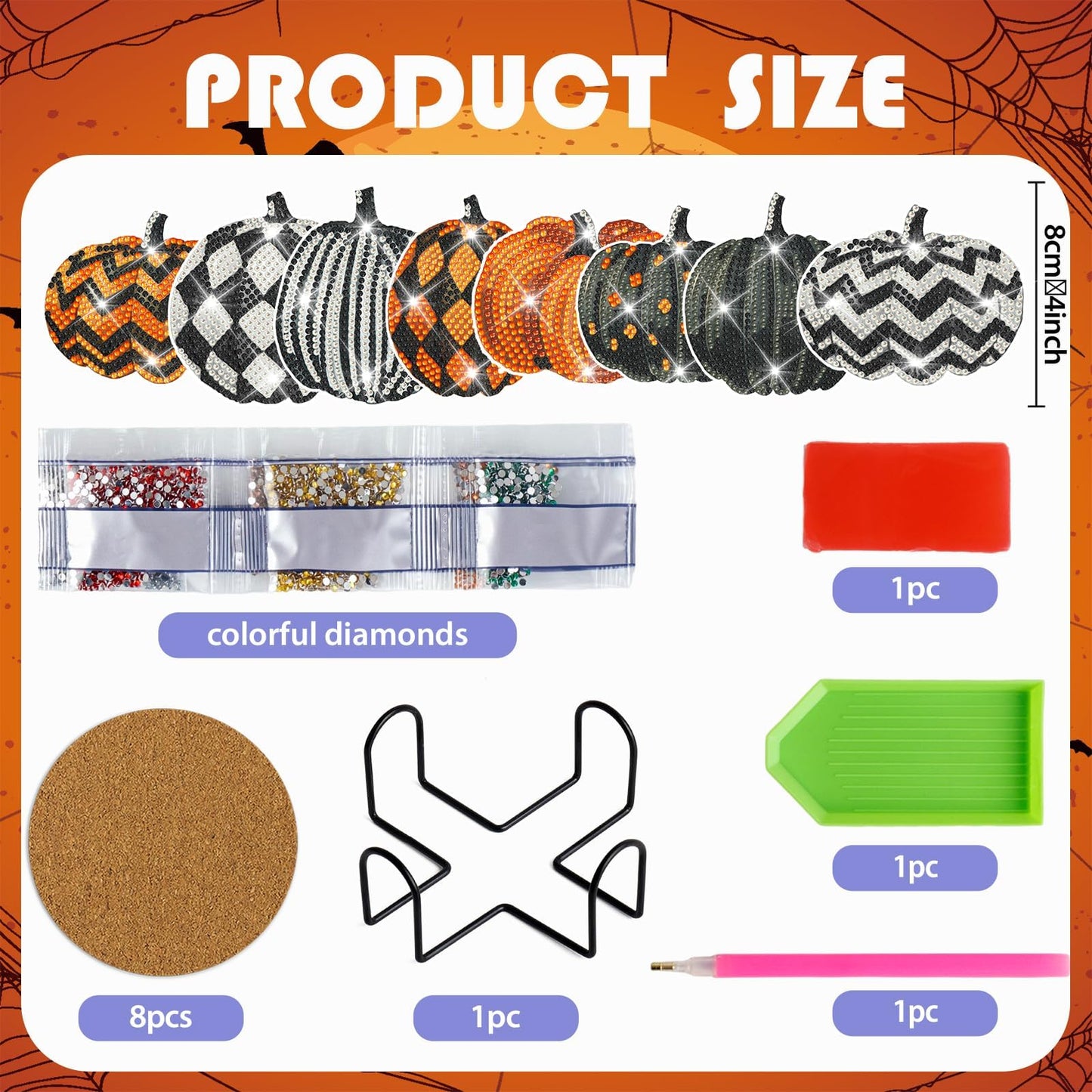 Demonwer 8 Pieces Halloween Pumpkin Diamond Coasters Kits with Holder DIY Halloween Pumpkin Diamond Art Coaster Non Slip Coaster for Adults Diamond Art Painting Kits Supplies for Gift