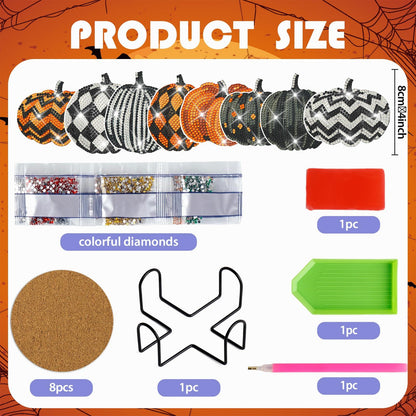 Demonwer 8 Pieces Halloween Pumpkin Diamond Coasters Kits with Holder DIY Halloween Pumpkin Diamond Art Coaster Non Slip Coaster for Adults Diamond Art Painting Kits Supplies for Gift