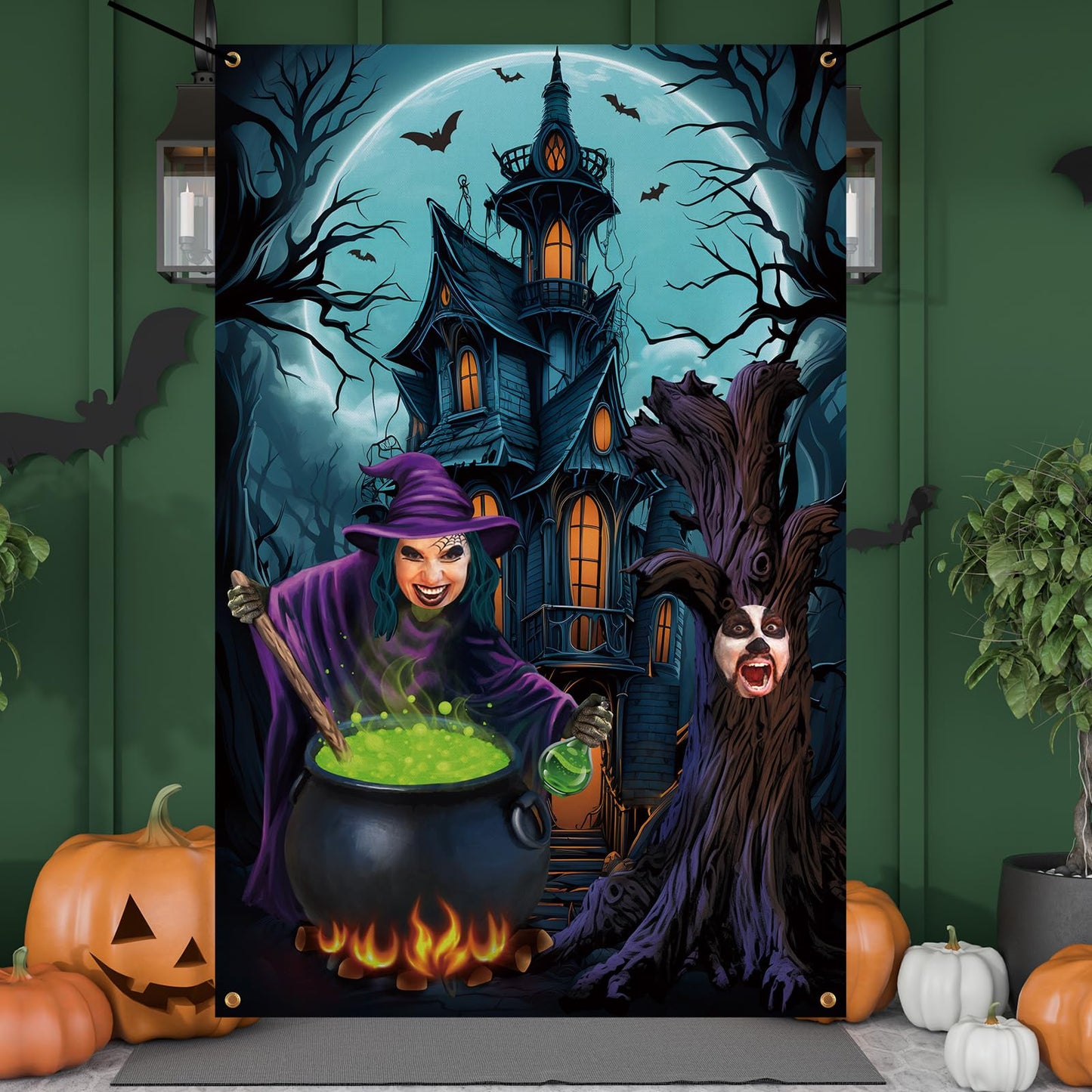 Lunmon 6 x 4 ft Halloween Photography Backdrop Horror Night Background Large Photo Door Banner Scary Witch Backdrops for Halloween Party Photo Props with Head Cutout Party Decoration Supplies