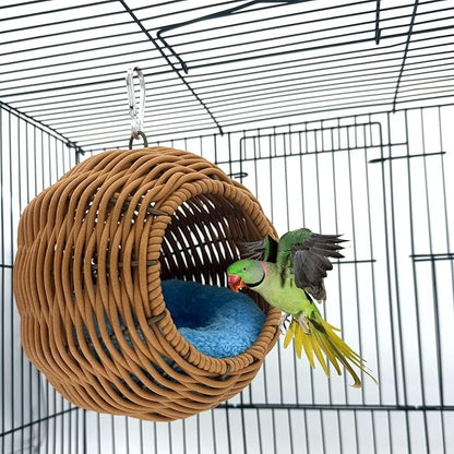Rattan Bird Nest for Cage，Hanging Parrot Breeding Nesting House Washable Soft Lay Warm Sleep Hut Bird Cage Accessories for Cockatiels Budgerigars Finches Canaries (Circular Opening)