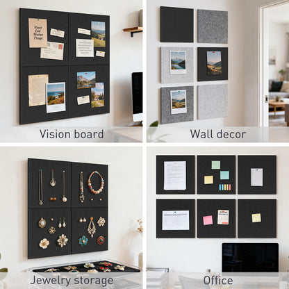 QUEENLINK 6-Pack Felt Bulletin Board Tiles 12"x12", Self-Adhesive Pin Board Wall Panels with 60 Push Pins, Modular Vision Board & Wall Organizer for Home Office Classroom, Black