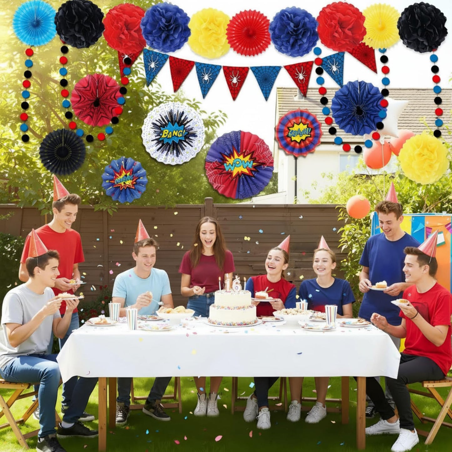 Blosssound 26 Pieces Spider Birthday Party Decorations - Paper Fans, Pompom Paper Flowers, Pre-Strung Pennant Banner, Dots Garland, Cards Set for Spider Web Super Themed Party Decor Supplies