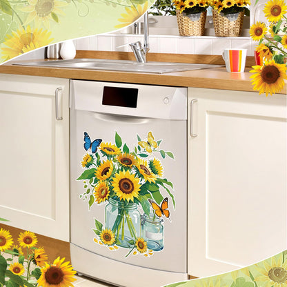 6Pcs Flower Dishwasher Magnet Cover Sunflower Vase Butterfly Sunflower Fridge Magnetic Dishwasher Sticker Decorations Sunflower Cruise Door Magnet Decorative for Spring Kitchen Refrigerator Cover
