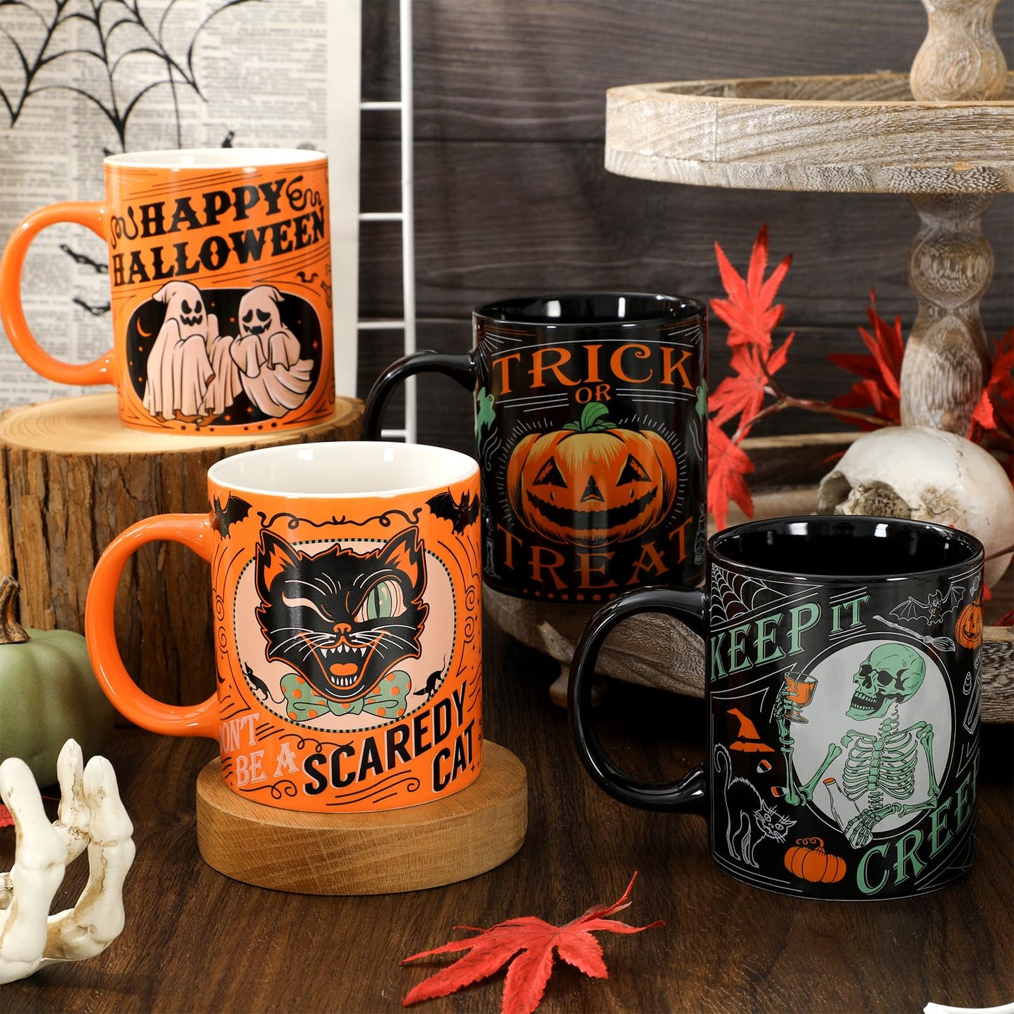 JarThenaAMCS 4Pcs Halloween Mugs Pumpkin Black Cat Ghost Skeleton Coffee Mug Orange Black Ceramic Drinking Cup for Halloween Party Table Centerpieces, 12oz