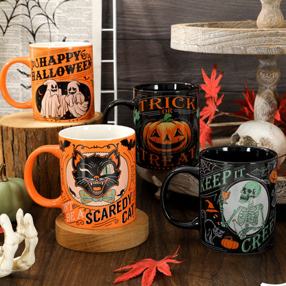 JarThenaAMCS 4Pcs Halloween Mugs Pumpkin Black Cat Ghost Skeleton Coffee Mug Orange Black Ceramic Drinking Cup for Halloween Party Table Centerpieces, 12oz