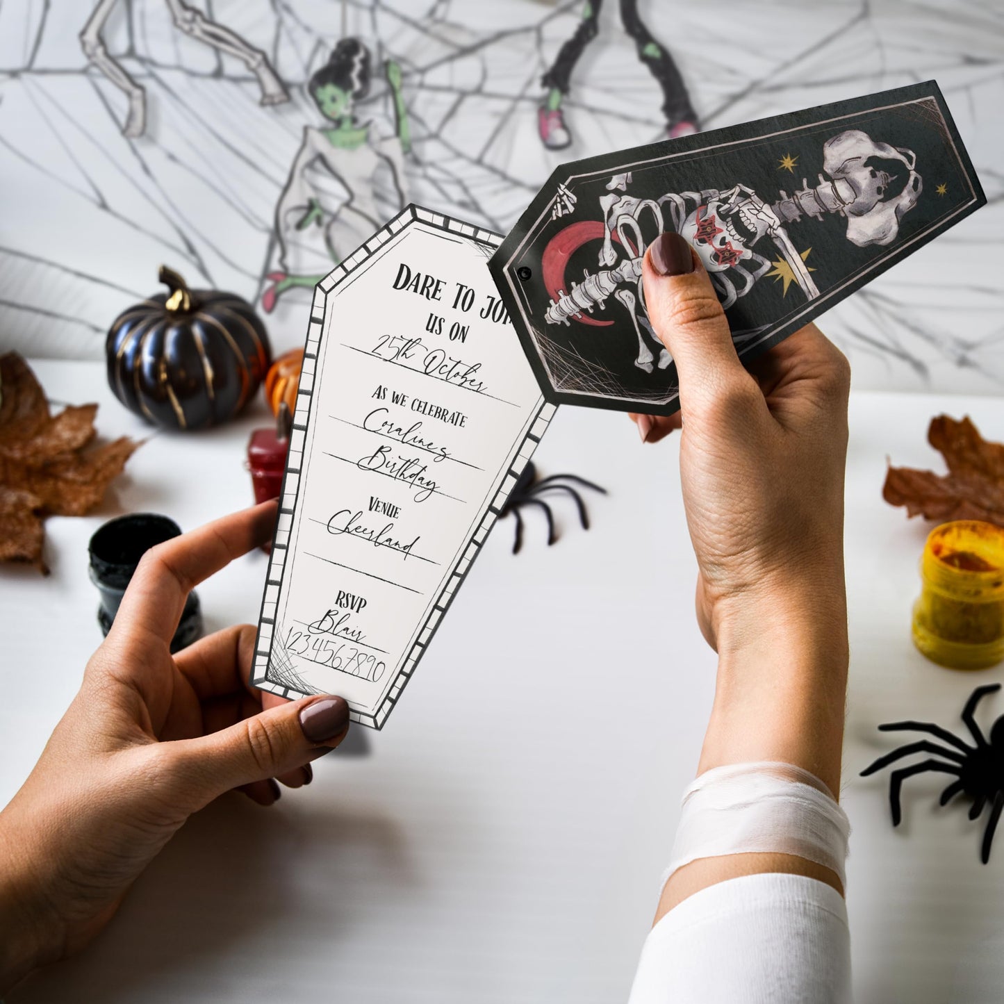 Cheerland Spooky Skeleton Coffin Gothic Summerween Party Invitations Letters With Envelopes and Stickers for Emo Parties Scary Wedding Invitation cards Goth Halloween Party Invites Party Supplies 8Pcs