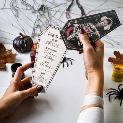 Cheerland Spooky Skeleton Coffin Gothic Summerween Party Invitations Letters With Envelopes and Stickers for Emo Parties Scary Wedding Invitation cards Goth Halloween Party Invites Party Supplies 8Pcs