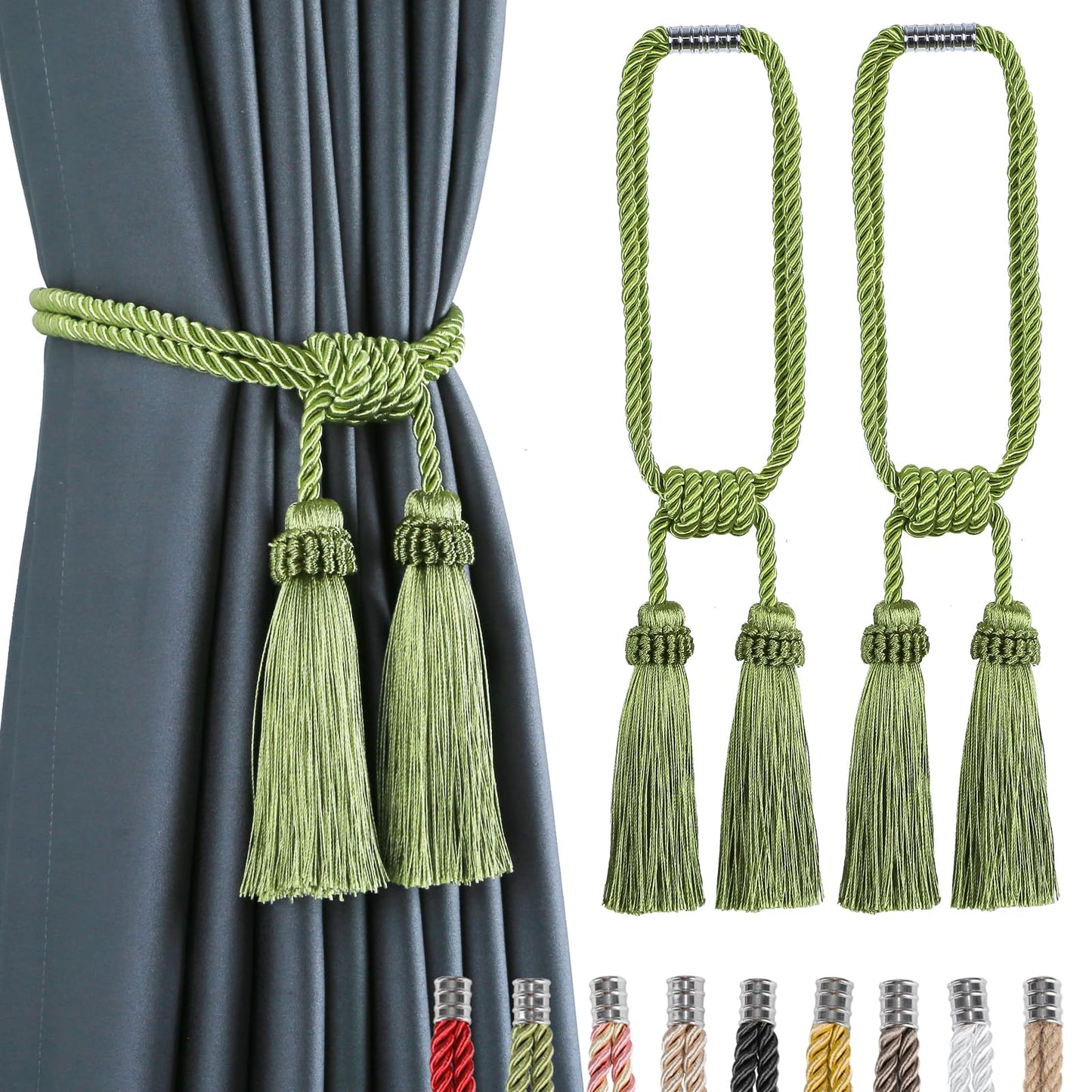 Fenghuangwu Magnetic Curtain Tiebacks Tassel Curtain Tieback Modern Handmade Tie Backs,Decorative Tassel Holdback for Draperies,Window Decor (Green, 2 Pack)