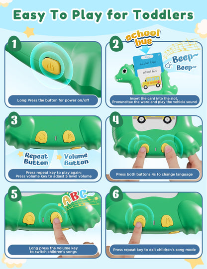 Arabic and English Talking Flash Cards for Kids, 510 Sight Words Bilingual Learning Toys for Toddlers, Arabic Alphabet Flashcards Pocket Speech Therapy Toys, Dinosaur Shaped