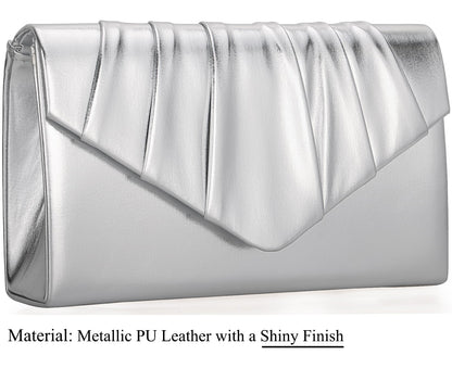 Venoline Women Evening Clutch Purse - Shimmering Metallic PU Leather Pleated Flap Envelope Handbag for Wedding Prom Party Silver
