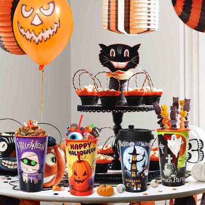 FZR Legend 24 Pack Halloween Party Favors Goodie Cups - Bats, Ghost, Cats, Pumpkin, Witch, Spider Patterns - 16OZ Reusable Plastic Cups With Lids and Plugs for Party Decorations