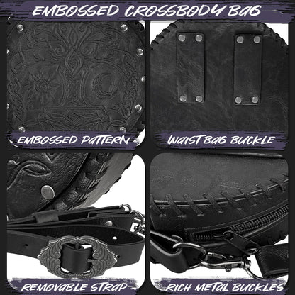 HiiFeuer Viking Embossed Crossbody Bag, Nordic Faux Leather Belt Bag Satchel Bag, Medieval Portable Cosplay Shoulder Bag (Black B)