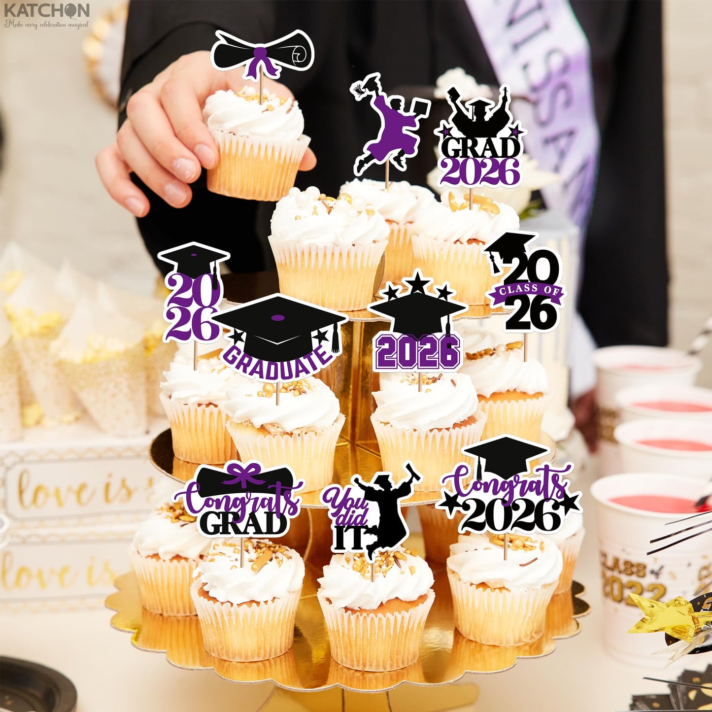 Graduation Decorations 2026 | Purple and Black Graduation Cake Topper 2026 - Pack of 36 | Graduation Cupcake Toppers 2026 for Graduation Decorations 2026, Dessert Toppers Grad, KatchOn