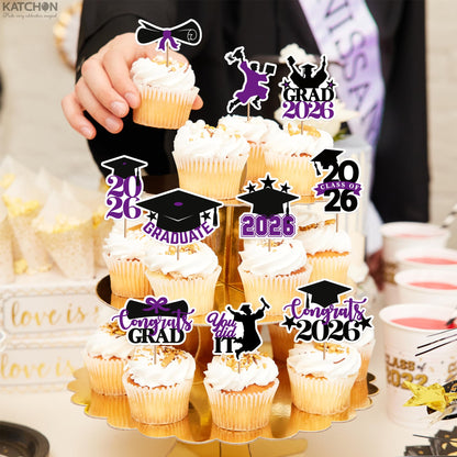 Graduation Decorations 2026 | Purple and Black Graduation Cake Topper 2026 - Pack of 36 | Graduation Cupcake Toppers 2026 for Graduation Decorations 2026, Dessert Toppers Grad, KatchOn