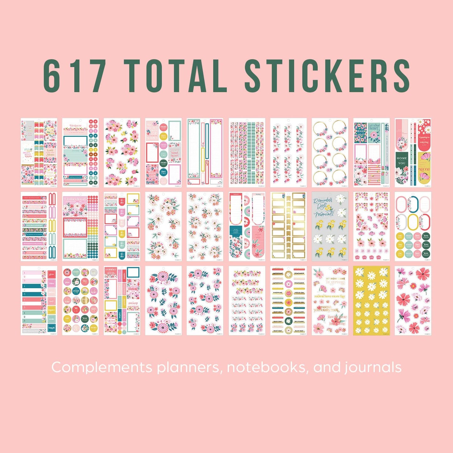 Happy Planner Sticker Pack for Calendars, Journals, and Diary Planners, Multicoloured Scrapbook Accessories, Fresh Bouquet Theme, Classic Size, 30 Sheets, 617 Total Stickers