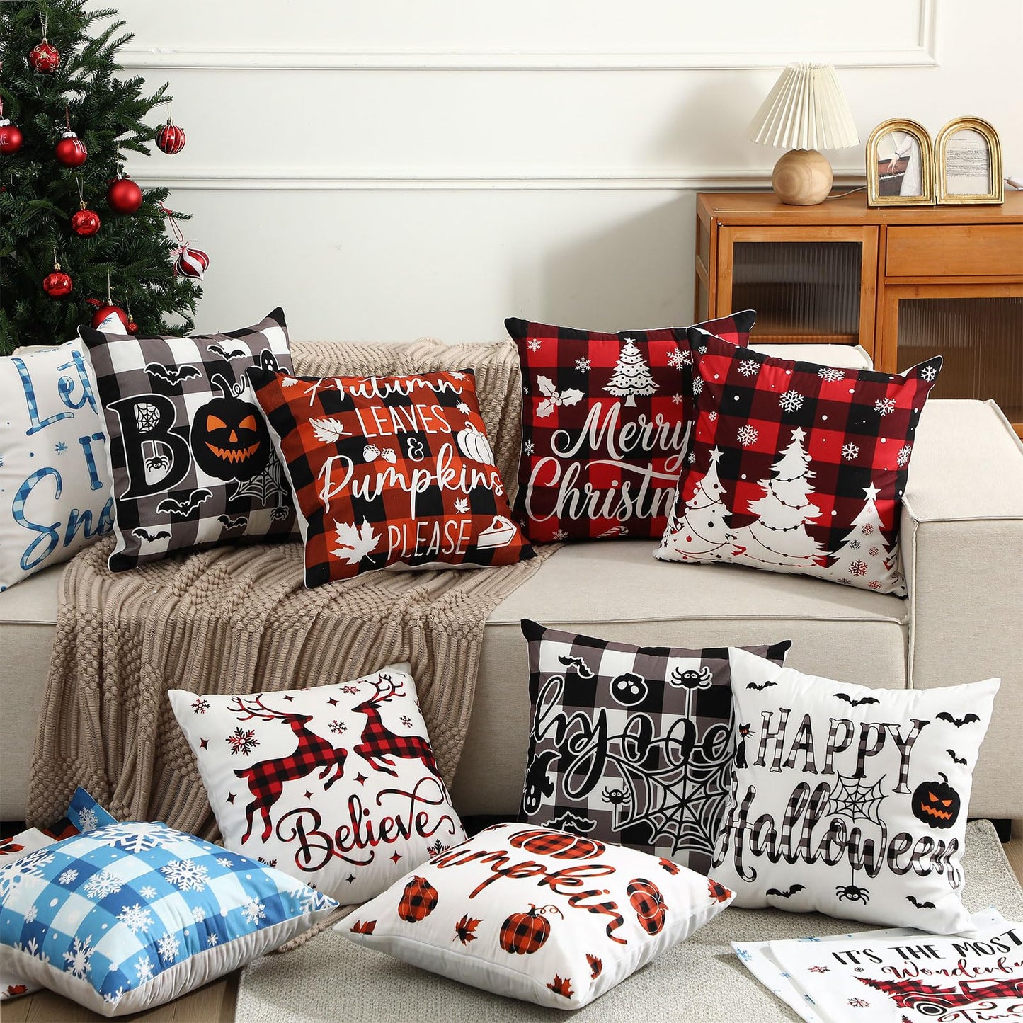 GlikCeil Set of 16 Christmas Pillow Covers 18 x 18 Inch Holiday Throw Pillow Covers Halloween Fall Winter Seasonal Pillowcases Decorative Cushion Pillowcases for Farmhouse Home Couch Sofa Decor