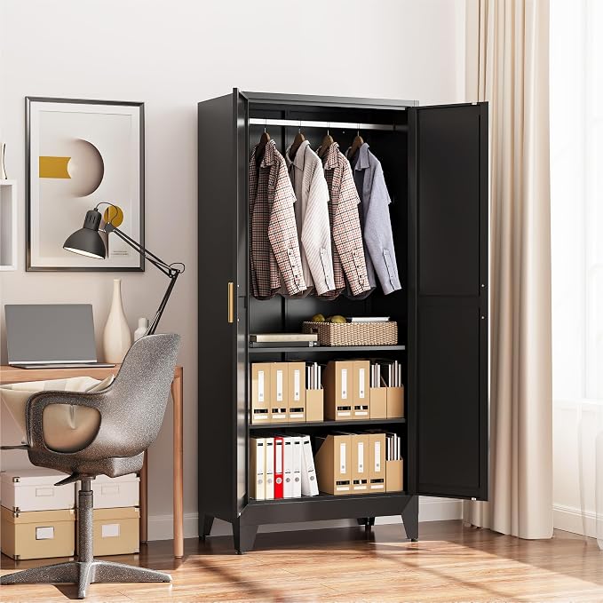 COFaR Black Metal Wardrobe Closet 2-in-1 Design, 71" Freestanding Armoire with Adjustable Hanging Rod & Shelves, Convertible Storage/Hanging Cabinet for Bedroom