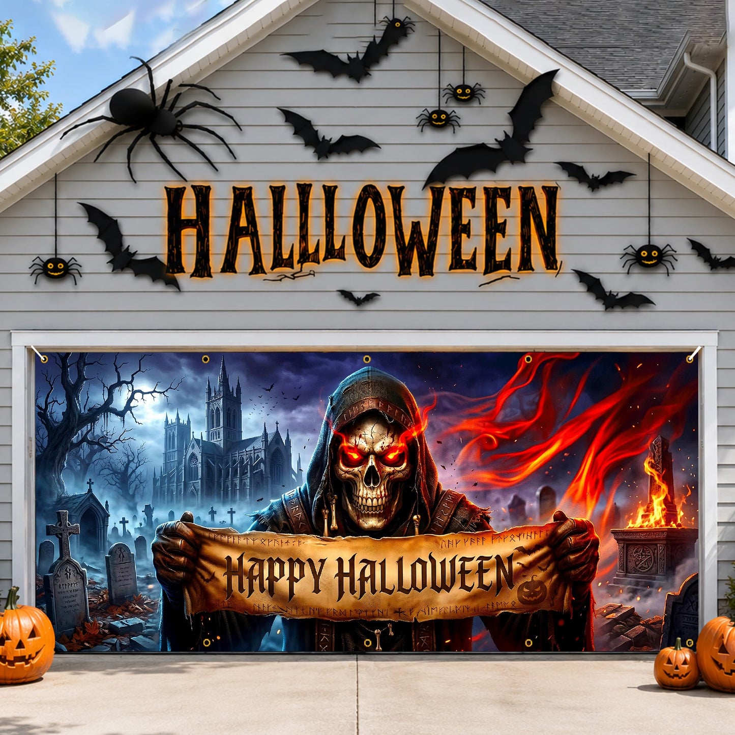 Halloween Garage Door Banner 13x6 FT Outdoor Decoration, Large Spooky Yard Decor Backdrop, Weatherproof Easy Install for Halloween Party (Funny Witch Cat Door Scene, 6 x 13 ft)