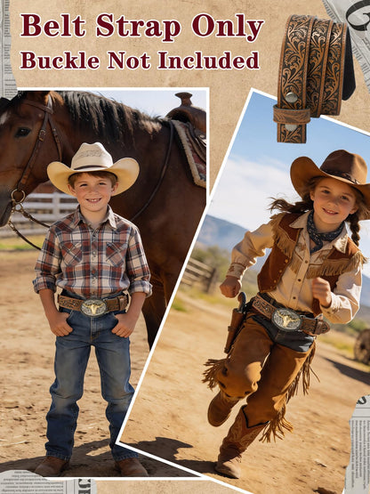 Kids Boys Western Belt Cowboy Leather Belt-Girls Adjustable Embossed Leather Belt Strap for Jeans Gift (Brown, 37.5" fit waist 31"-34.5")