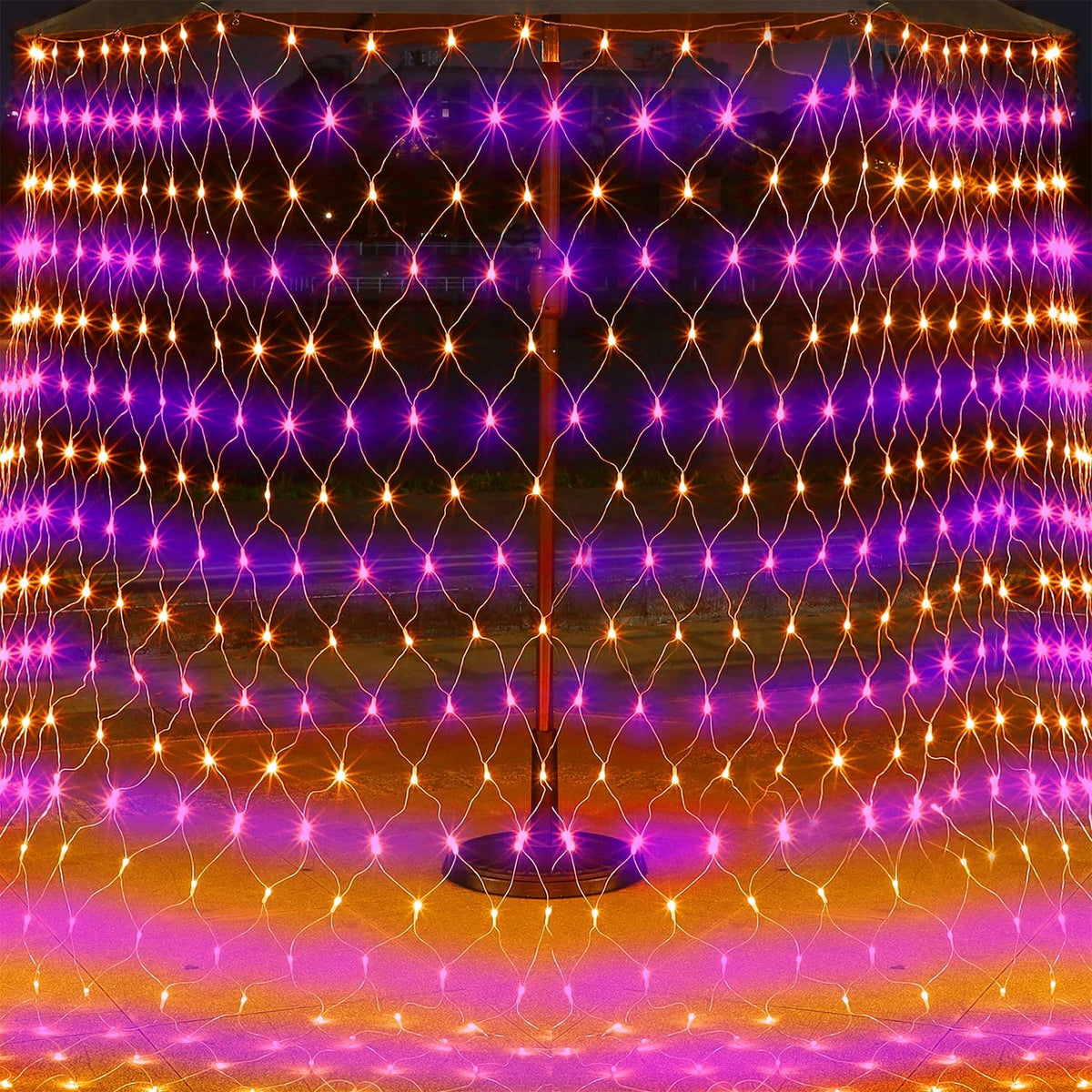 WATERGLIDE Outdoor Halloween Net Lights, 12FT x 5FT 360 LED Fairy String Light with 8 Lighting Modes, Connectable Light Safe Adaptor for Garden Tree Bushes Holiday Party Decorations, Orange & Purple
