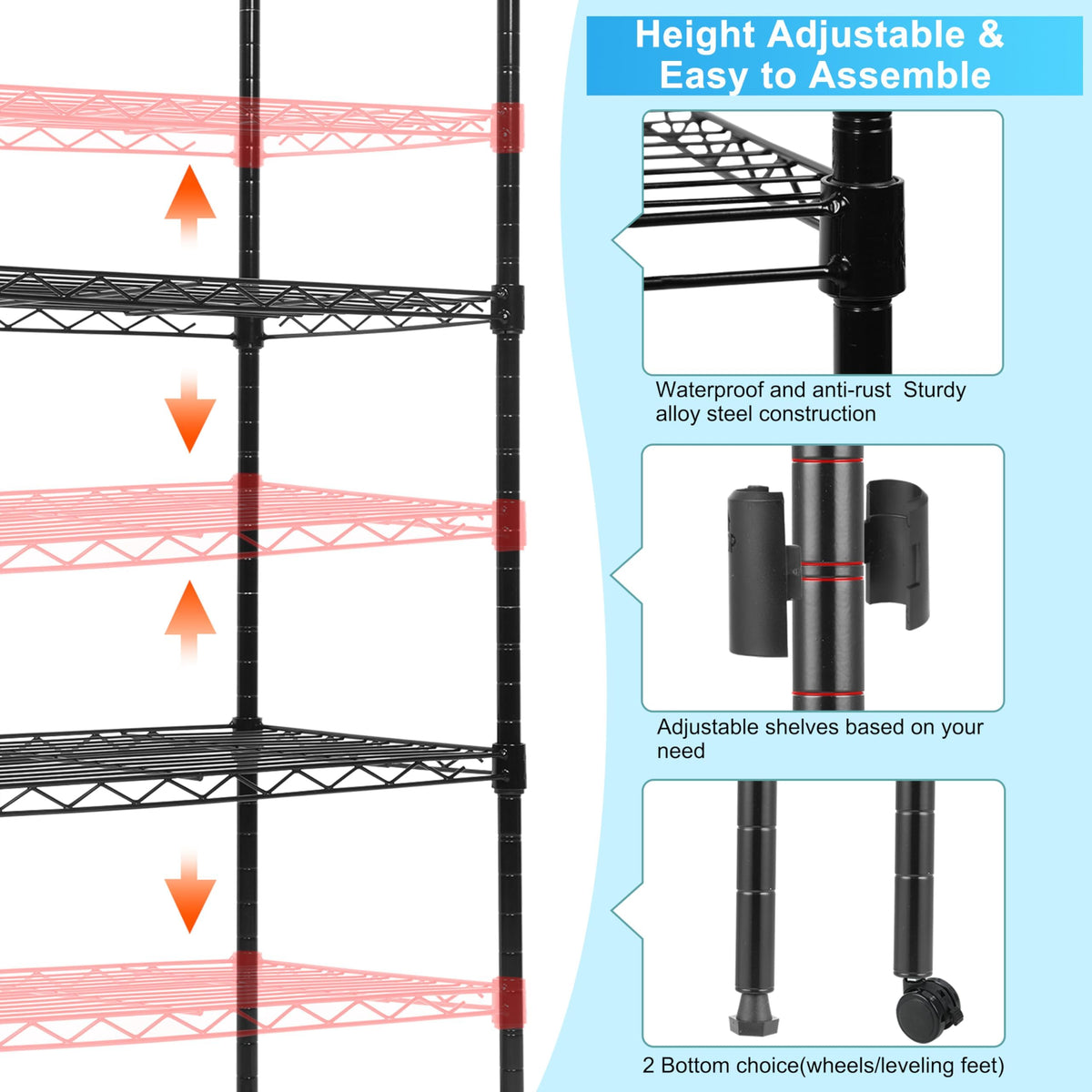 Whitmor 5 Tier Shelving Unit, Adjustable Storage Shelves with Wheels, Wire Shelving, 400 lbs Capacity per Shelf, Max 2000 lbs Total for Laundry, Garage, Plant, 21" L x 12" W x 54" H, Black