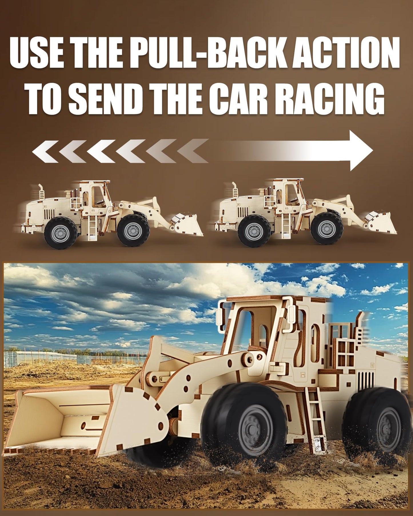 MOCBURIKU 3D Wooden Puzzles Bulldozer Model Kits, DIY Wood Craft Assembly Car Building Kits with Pull Back Mechanism, Gifts for Adults Men Teens Age 14 yrs Above to Build for Birthday Christmas