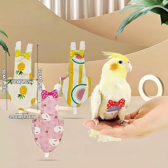 2Pcs Bird Diapers Bird Harness Flight Suits Diapers with 80 Inch Flying Leash Parrot Nappy Washable Cute Urine Wet Suit for Cockatiel Conure Macaw Budgies Parakeet-Rabbit&Watermelon,S