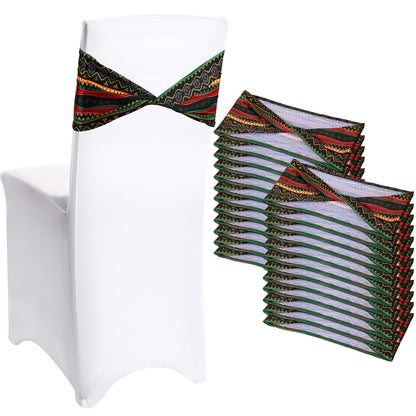 Newwiee Spandex Chair Bands Animal Print Elastic Sashes Bow Polyester Chair Cover Bands Ties Without Buckle for Animal Jungle Theme Party Birthday Decor (African Kente,24 Pcs)