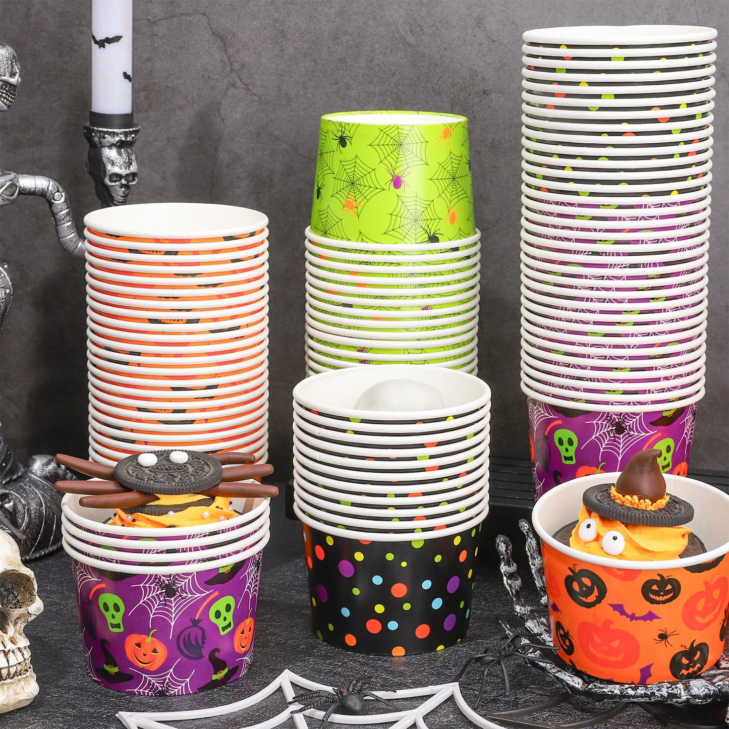 JarThenaAMCS 100 Pcs Halloween Snack Cups Pumpkin Skull Spider Web Dots Disposable Bowls 9oz Ice Cream Dessert Treat Paper Bowls for Hot Iced Food Birthday Trick or Treat Party Supplies