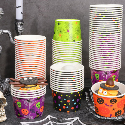 JarThenaAMCS 100 Pcs Halloween Snack Cups Pumpkin Skull Spider Web Dots Disposable Bowls 9oz Ice Cream Dessert Treat Paper Bowls for Hot Iced Food Birthday Trick or Treat Party Supplies
