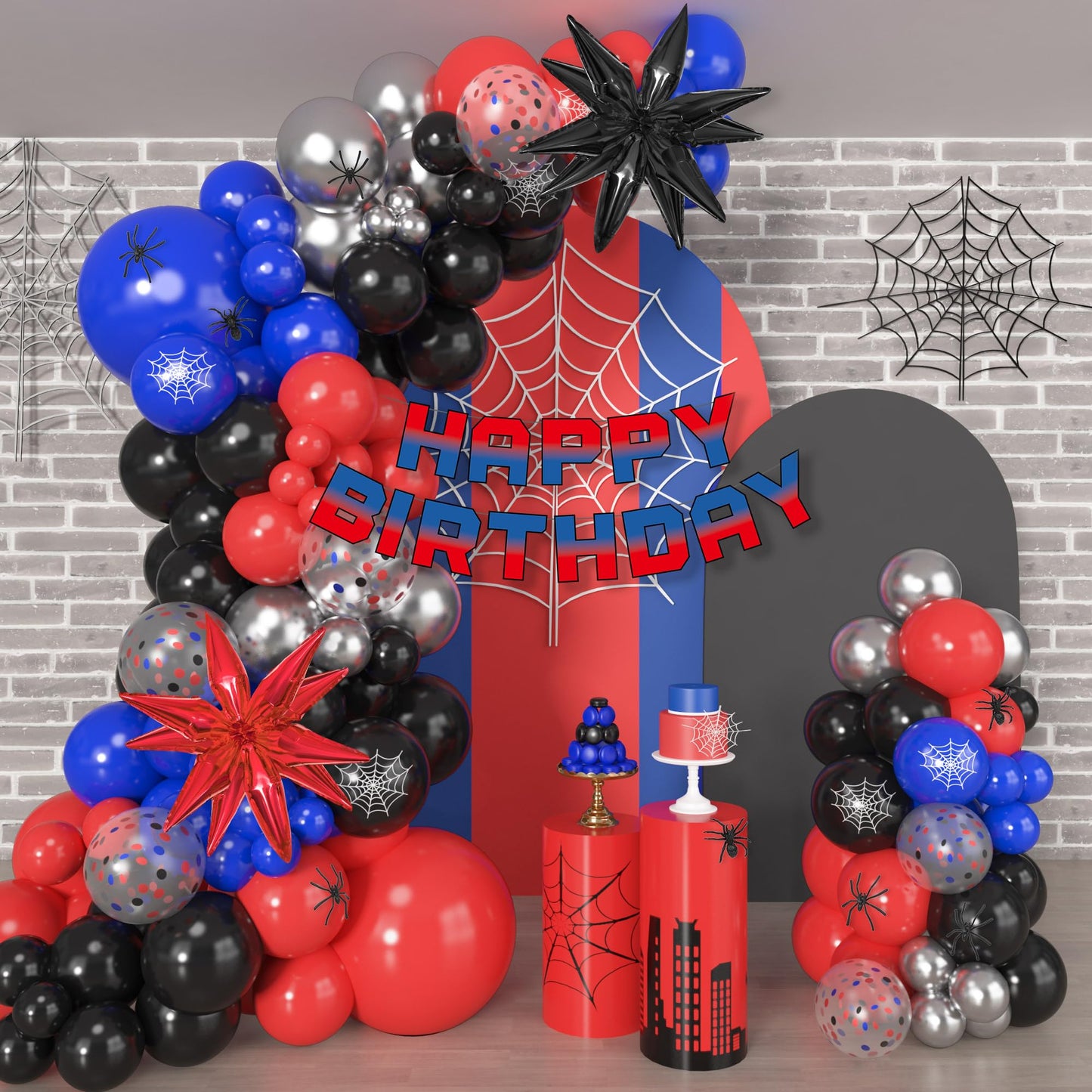 162Pcs Black Red and Blue Balloon Arch Garland Kit, Spider Theme Party Decorations with Star Foil Balloons Happy Birthday Banner for Man Boy Kids Spider Baby Shower Birthday Party Decor Supplies