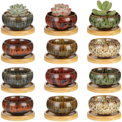 OMISTAR 12 PCS Mini Ceramic Succulent Pots 2.5 in, Colorful Glazed Planters with Drainage Hole, Small Round Flower Pots with Bamboo Trays, Indoor Desktop Windowsill Plant Pot Set