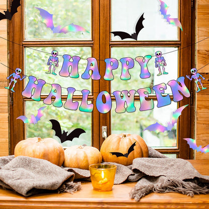 Halloween Iridescent Holographic Bats Party-Decorations Stickers Banner - 17pcs Neon Glitter 3d Paper Rooms Wall Decor,Hotel Transylvania Kids Happy Birthday Hanging Supplies Panduola