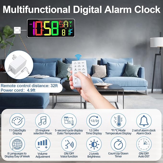 Large Digital Wall Clock Timer 13.5" Large Display Available In 11 Color Modes LED Wall Clock with Temperature Day of the Week Clock Auto-Dimming for Home Gym Office 2 Groups Alarm 25 Music Ringtones