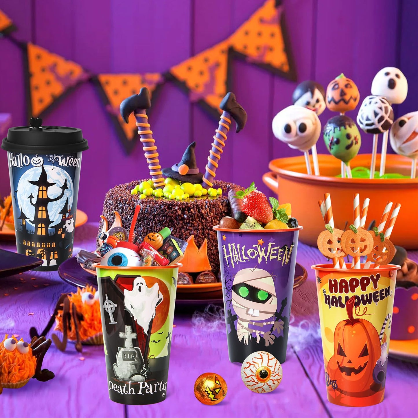 FZR Legend 24 Pack Halloween Party Favors Goodie Cups - Bats, Ghost, Cats, Pumpkin, Witch, Spider Patterns - 16OZ Reusable Plastic Cups With Lids and Plugs for Party Decorations