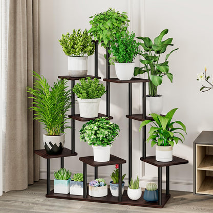 AZERPIAN Plant Stand 9 Tier Indoor Metal Flower Shelf for Multiple Plants Corner Tall Flower Holders for Patio Garden Living Room Balcony Bedroom, Black Oak