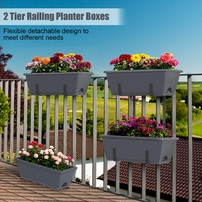 Deck Railing Planter Boxes 2 Tier Grey Window Boxes Planters Set of 2 with 4 Pack Rectangular Planter 16.9 Inch Outdoor Balcony Hanging Planters with Adjustable Brackets for Garden Porch Patio